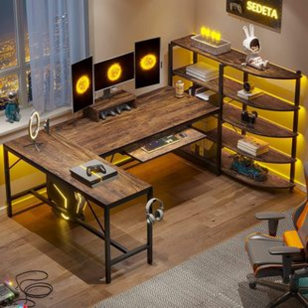 Factory direct sales retro L-shaped computer desk with tray and LED lights, office desk, home gaming table trend