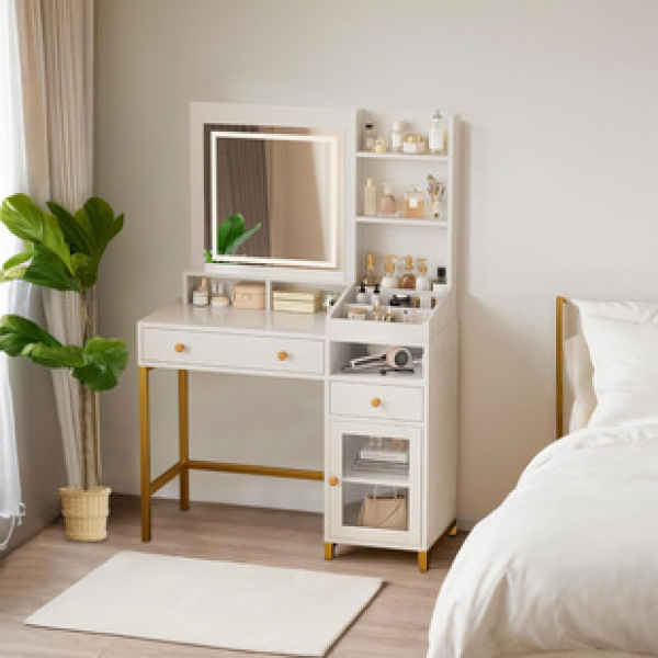 Cross border metal makeup table with adjustable lighting, bedroom simple dressing table with power supply, metal wood makeup table