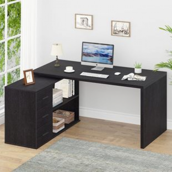 Home corner office computer desk, student study writing desk, black rectangular desk with storage drawers