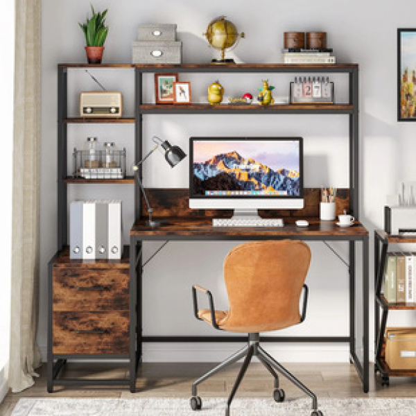 Modern and fashionable steel and wood office desk, light luxury and simple desk, study desk, multi-layer storage rack, single computer desk