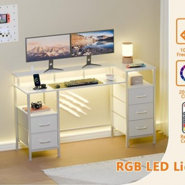 Computer gaming desk with power outlet, home office storage drawer for work, writing, white office desk
