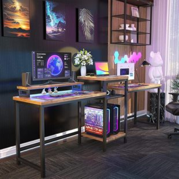 Cross border popular American countryside with LED light socket, computer desk with monitor stand, computer corner desk, desk