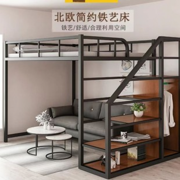 Minimalist bedroom, wrought iron elevated bed, apartment bunk bed, duplex dormitory, wrought iron bunk bed, second floor bed, wrought iron bed, trendy