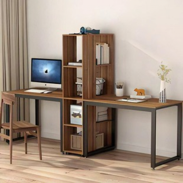 Extra long double computer desk with storage rack, double person office desk, family study, large storage space, writing desk, office desk