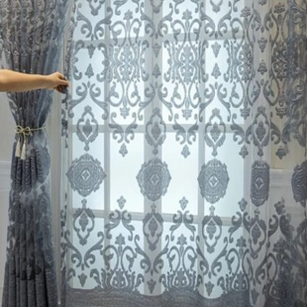 1PC New Grey European Flower Curtains Living Room Bedroom Decoration Curtains Personalized Decoration Rod Window Screen Curtains