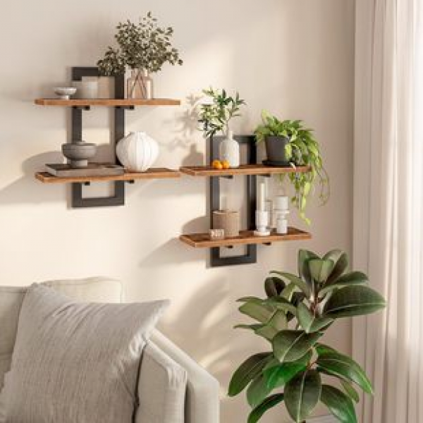 Storage rack on the bedroom wall in the entrance hall, display rack for cultural toys, wall mounted storage rack in the living room, and a combination of iron and wood storage rack