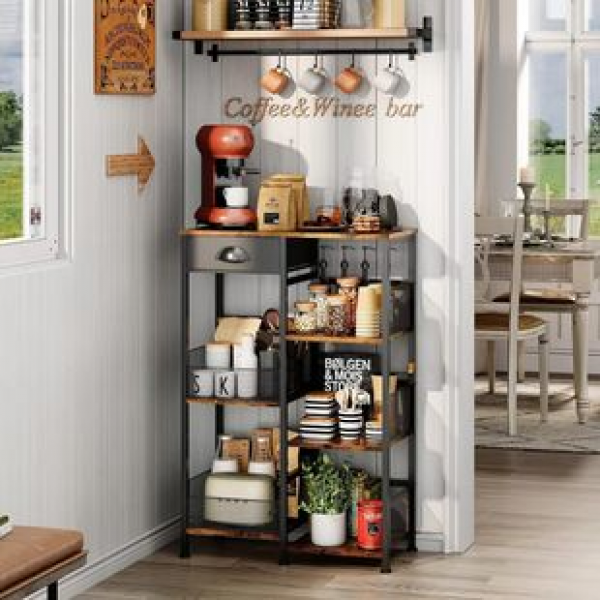 Manufacturer direct sales metal strip wooden coffee rack, kitchen storage rack, record storage rack, record machine desk storage rack