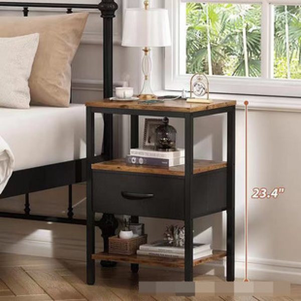 Vintage iron wood combination with drawer bedside table, rechargeable home bedside storage, side table, bedroom storage cabinet