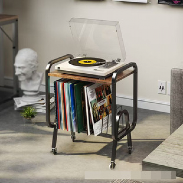 American style household movable storage rack, bedroom living room audio rack, iron wood combined with small edges, vinyl record rack
