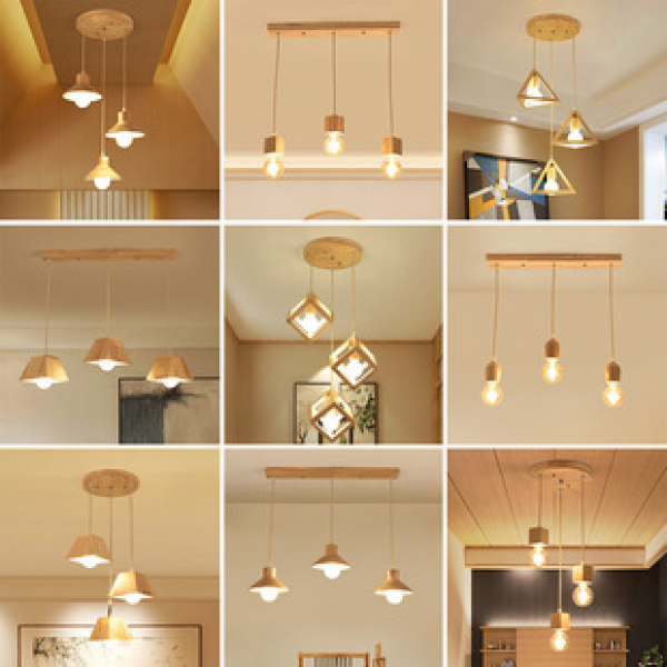 Japanese style creative three headed pendant light for home dining room, bar counter, personalized dining room, wooden disc, long plate, solid wood hanging lamp