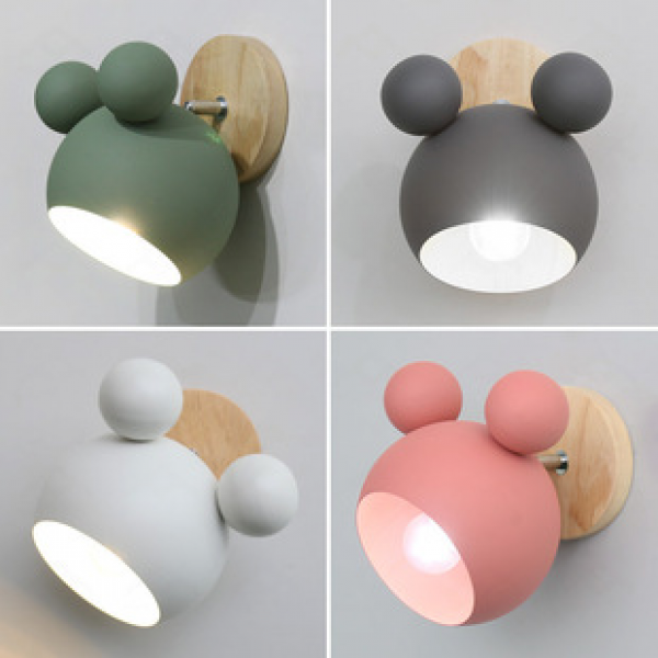 Modern internet celebrity Mickey cartoon wall lamp bedroom pink macaron baked paint circular bedside lamp, home decoration simple lamp