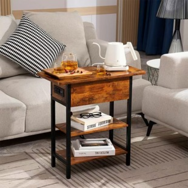 Factory direct sales iron wood combined storage rack with charging function, side table with socket, sofa table, bedside table, cabinet, trendy