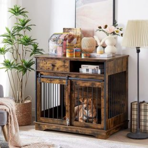 Household Iron Wood Combined Dog Cage Large Dog Home Living Room Dog Villa Can Store Pet Supplies
