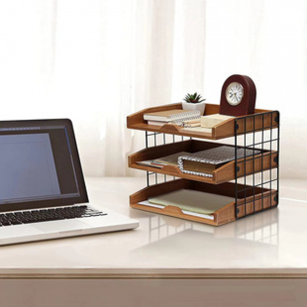 Factory direct sales office storage rack, multi-layer iron wood combined with desktop book file sorting and storage shelf, trendy
