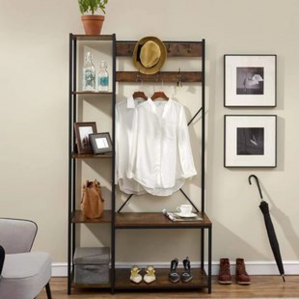 Cross border iron wood combined home bedroom floor mounted hangers, living room vertical clothing shelves, multifunctional wardrobes