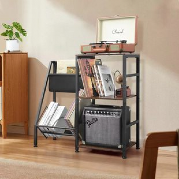Multi functional storage rack, home living room record player storage rack, iron wood combination floor standing multi-layer storage rack