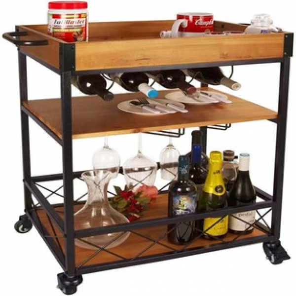 Cross border retro style metal cart storage rack, hand pushed red wine rack, floor standing movable storage rack, kitchen trolley