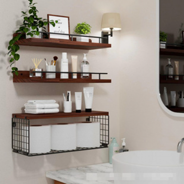 Cross border wall multi-layer storage rack, wall mounted kitchen and bathroom item display rack, iron wood combined storage basket