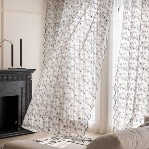 French retro black perforated embroidery window french window small window living room bedroom black and white curtain screen