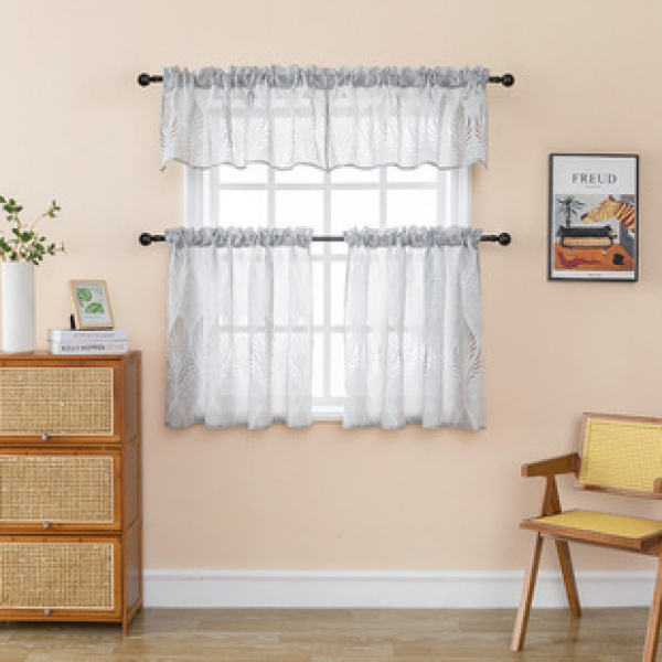 Factory direct sales kitchen coffee curtains, modern and simple finished products, pole mounted small curtains, gray hollow short curtains, semi blackout gauze