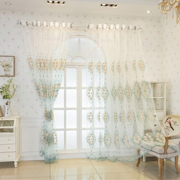 Cross border Amazon translucent embroidered curtains, blue American countryside flowers, living room curtains, living room curtains, bedroom semi blackout
