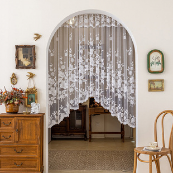 French European style white lace kitchen partition curtain jacquard flower coffee curtain door curtain bay window short curtain cabinet decoration
