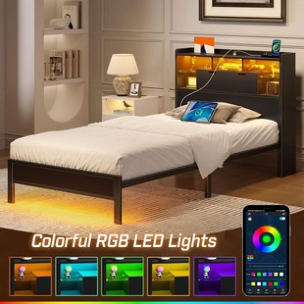 Cross border factory direct sales popular bed frame with charging station, single bed with LED light, headboard, single and double iron frame bed