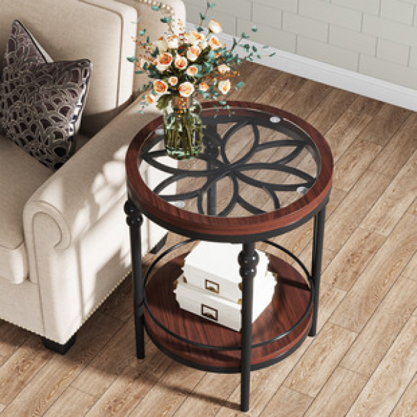American retro wrought iron solid wood edge table, living room double layered edge table, storage small coffee table, sofa corner table, bedroom bedside table