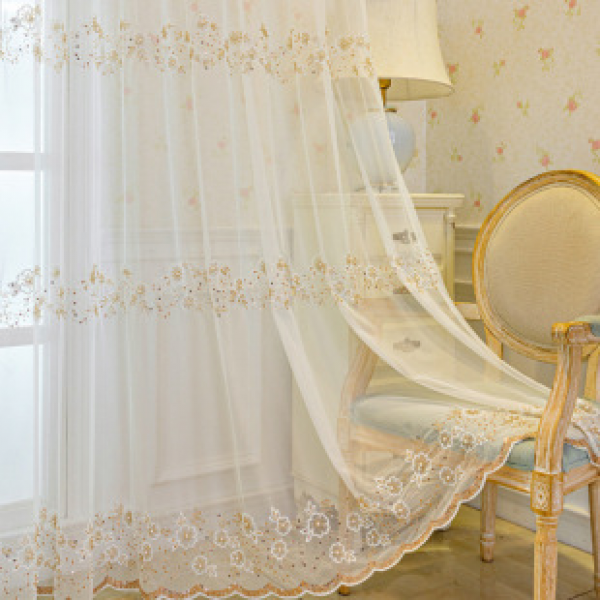 Manufacturer wholesale light luxury ordered pearl white yarn embroidered window screen flower restaurant living room bedroom balcony translucent partition cross-border