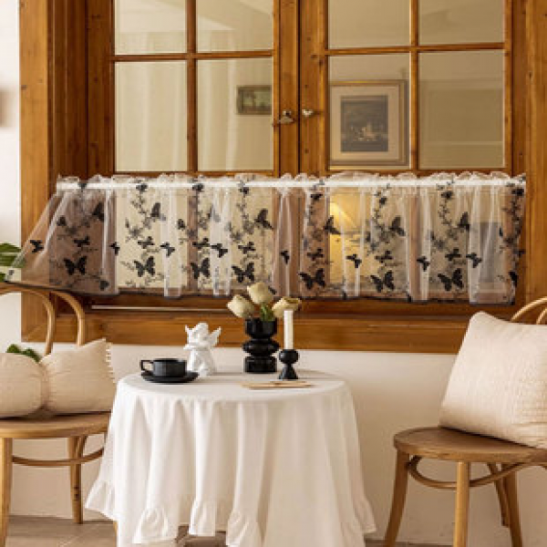 Cross border hot selling black butterfly short curtain pole dustproof curtain cabinet door curtain small curtain short curtain lace fresh gauze