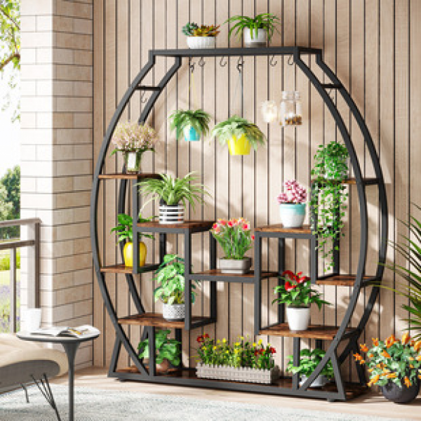 Cross border high-end flower rack, indoor stepped multi-layer wooden and iron flower pot rack, home climbing vine plant rack for storage