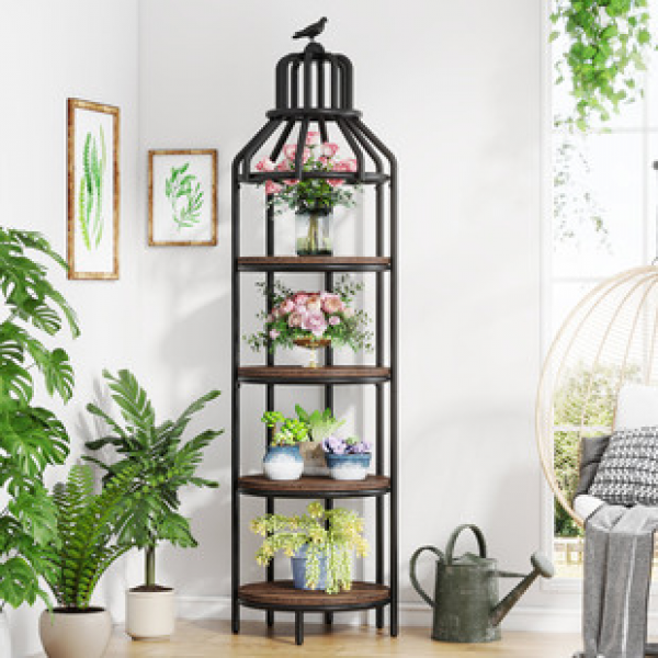 Cross border retro flower rack, circular display rack, birdcage layer rack, solid wood multi-layer shelf, living room floor to ceiling shelf, bookshelf