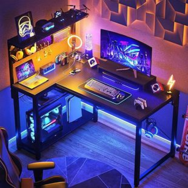 Cross border small-sized study room, bedroom with LED lights, gaming table, single bedroom with storage capacity, computer desk with host rack