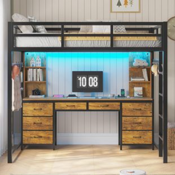 Double loft bed with cross-border desk and 8 storage drawers, metal loft bed with LED lights and charging station