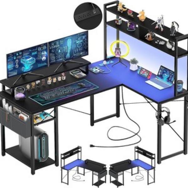 Cross border factory direct sales corner office desk with storage bag, game table with LED light and power socket, reversible