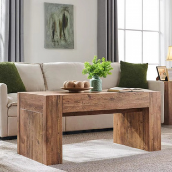 Cross border popular modern farmhouse coffee table with hidden storage drawers, wooden living room table, rectangular center table, trendy