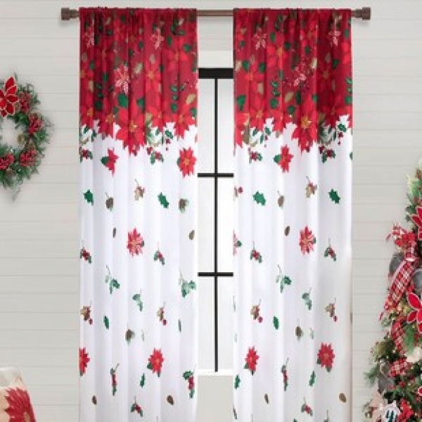 2PC Christmas Decoration Scene Red Christmas Flower Printed Curtains Living Room Bedroom Wholesale