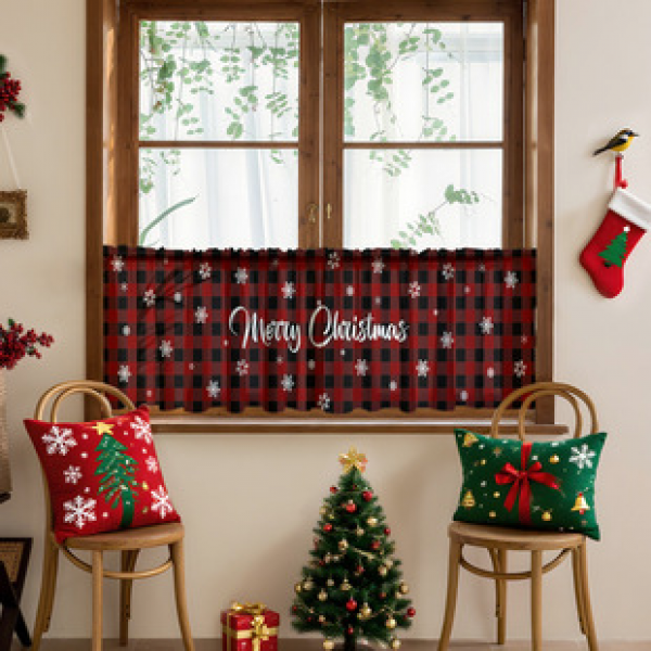 1pc Christmas cartoon short curtains, kitchen curtains, pole mounted home decorations, small curtains, short curtains