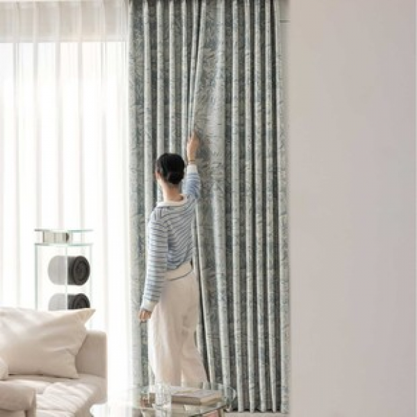 1PC New Blue Flower Gilded Years Curtains, Living Room Bedroom Decoration Curtains, Personalized Decoration, Rod Window Screens Curtains