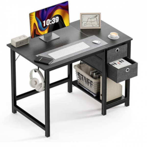 Small computer desk made of steel, iron, wood, computer desk, office desk, household student writing desk with 2-layer fabric storage rack