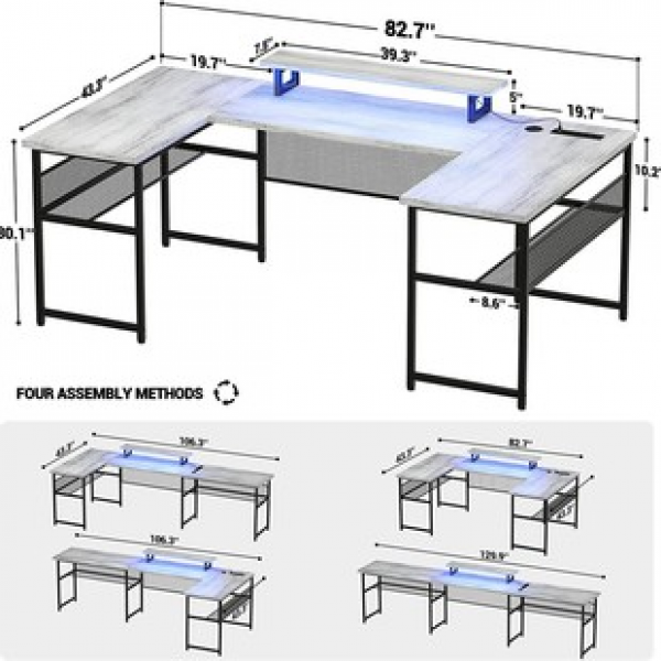 Customized U-shaped computer desk with power socket and LED light strip L-shaped office desk with monitor stand and bookshelf