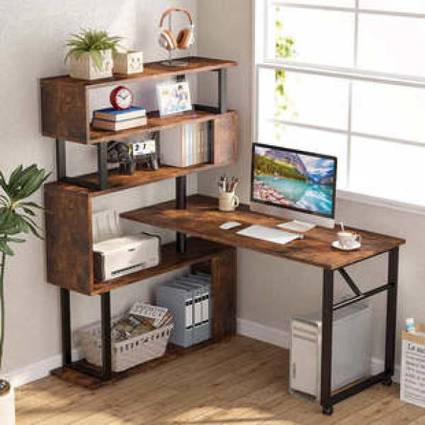 Customized rotatable mobile computer desk, writing desk, cross-border hot selling L-shaped office furniture with bookshelf and storage cabinet