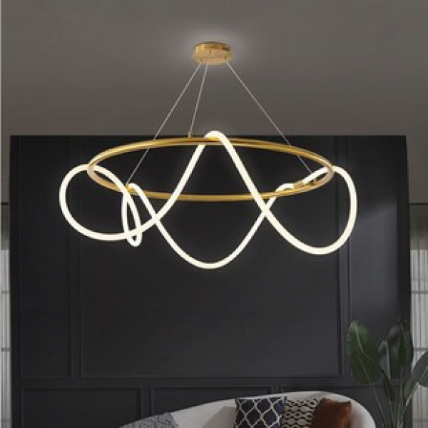 Minimalist living room, bar counter, long dining table, DIY silicone pendant light, designer's creative musical notes, artistic winding line lights