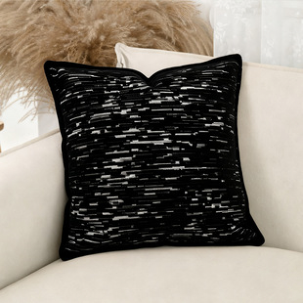 Italian minimalist jacquard cut velvet pillow with black and gray stripes, modern texture cushion, down pillow core, light luxury bedroom pillow