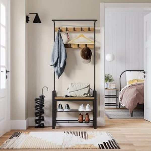 Simple coat and hat rack, shoe rack integrated combination, floor standing multifunctional home living room, entrance door, shoe changing stool, hanging clothes rack