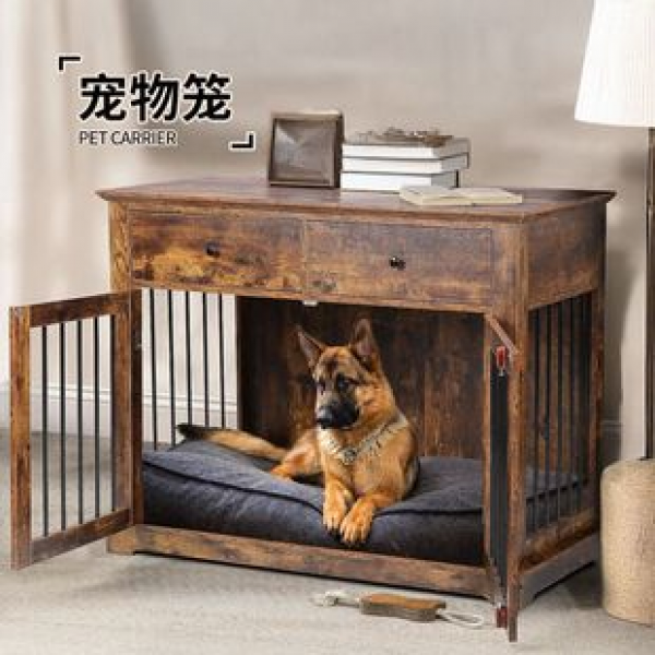 Cross border new retro wooden pet home dog kennel, wrought iron dog cage, detachable medium to large size indoor dog kennel