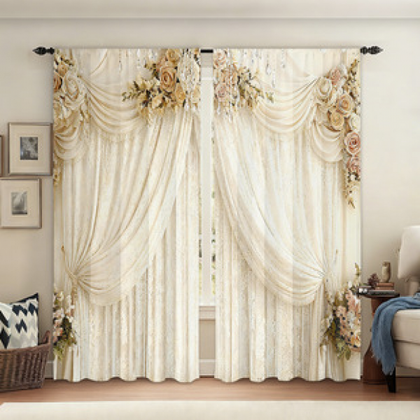 2pcs Valentine's Day window screen manufacturer supplies cross-border Amazon 3D digital printed fabric curtains and window screens