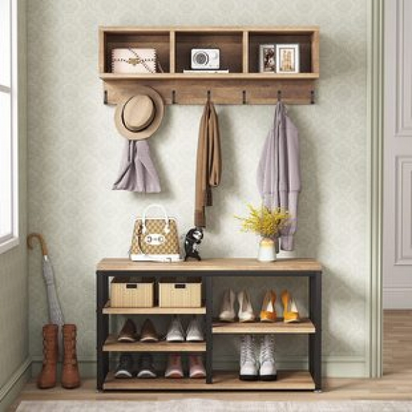 Multi layer shoe rack bench with clothes hanger suitable for living room entrance passage, American country coat rack, shoe bench set, trendy