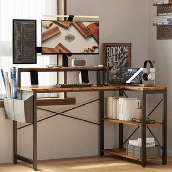 47 inch corner home L-shaped office desk with monitor stand and charging station and storage rack