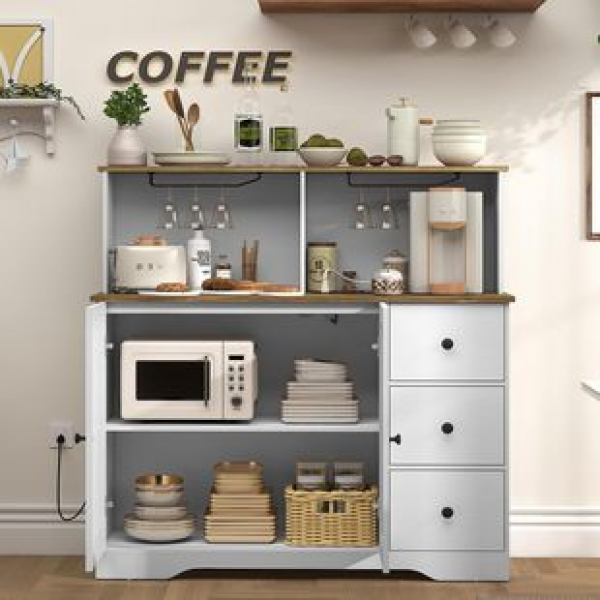 Tableware cabinet with power socket, wine bottle and glass rack, and adjustable shelf, wine cabinet, kitchen, farmhouse, coffee bar cabinet